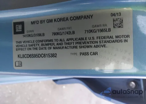 2013 Chevrolet Spark 1Lt из США, поврежденный, VIN KL8CD6S95DC615382